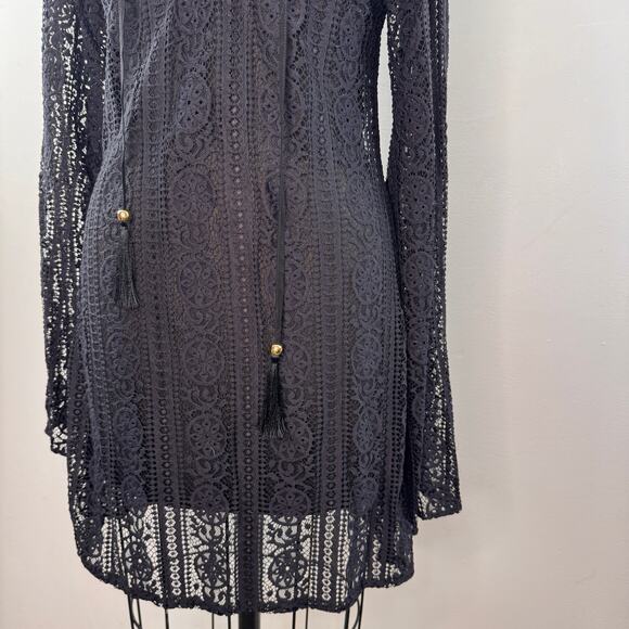 Pily Q Black Cover-Up Dress Floral Deep V-Neck Lace Up Casual Pullover Size M/L - Picture 3 of 7